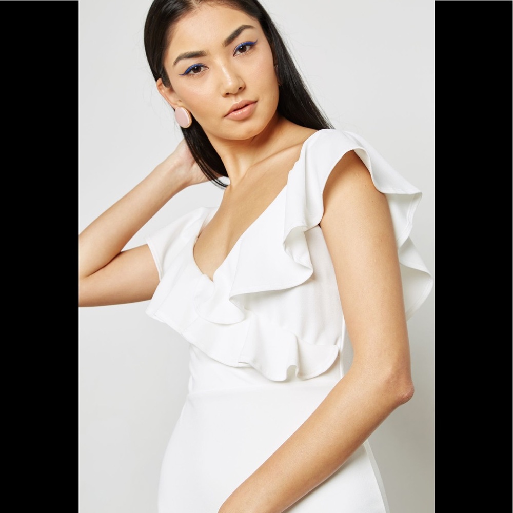 White Plunge Ruffle Bodycon Dress - Picture 3 of 4